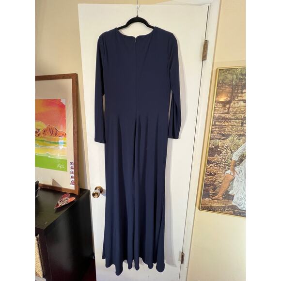 Betsy & Adam Navy Stretch V Neck Long Sleeve Ruffle Prom Maxi Dress Womens 16 - Picture 3 of 12